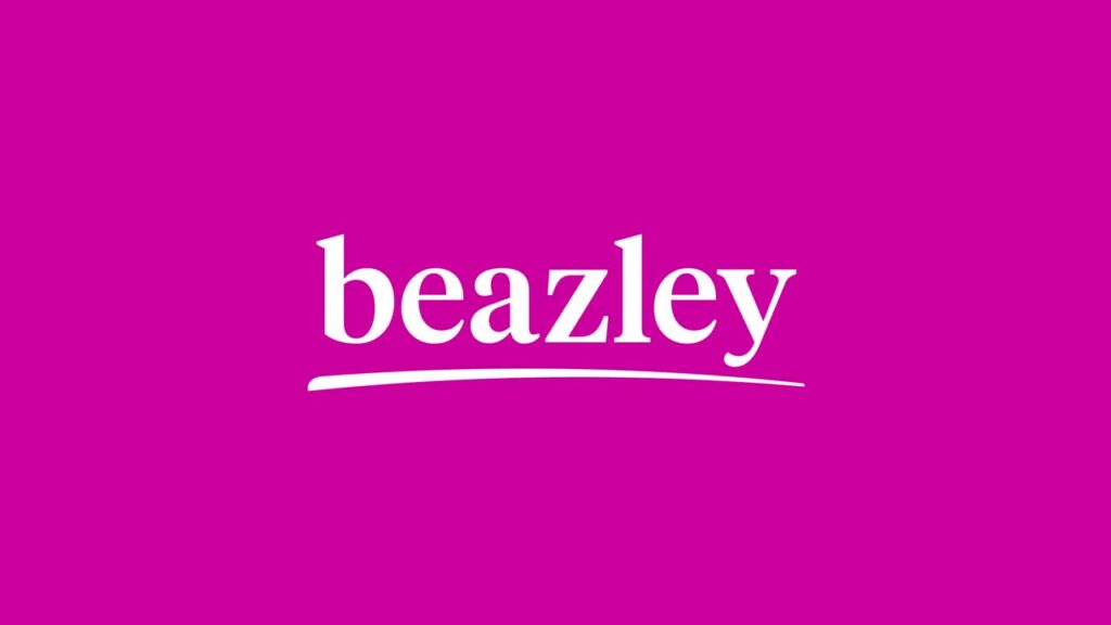 The image features the word "beazley" in white, bold font on a vibrant pink background, representing the logo of Beazley, a global insurance provider.