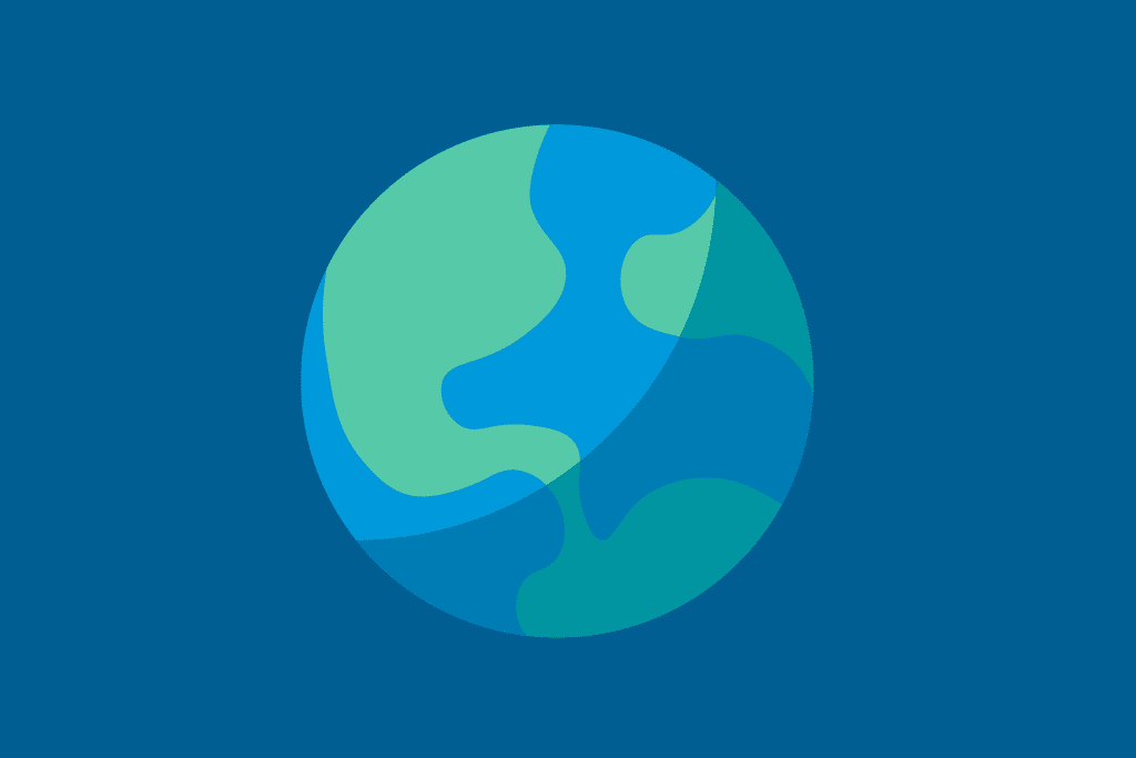 A stylized illustration of the Earth, featuring blue and green colors to represent land and water, set against a dark blue background.