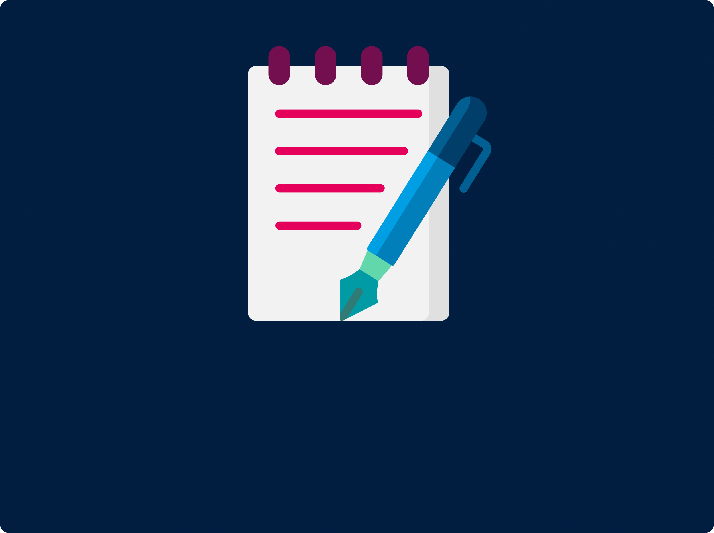 An illustration of a notepad with several lines and a fountain pen placed across it, set against a dark blue background.