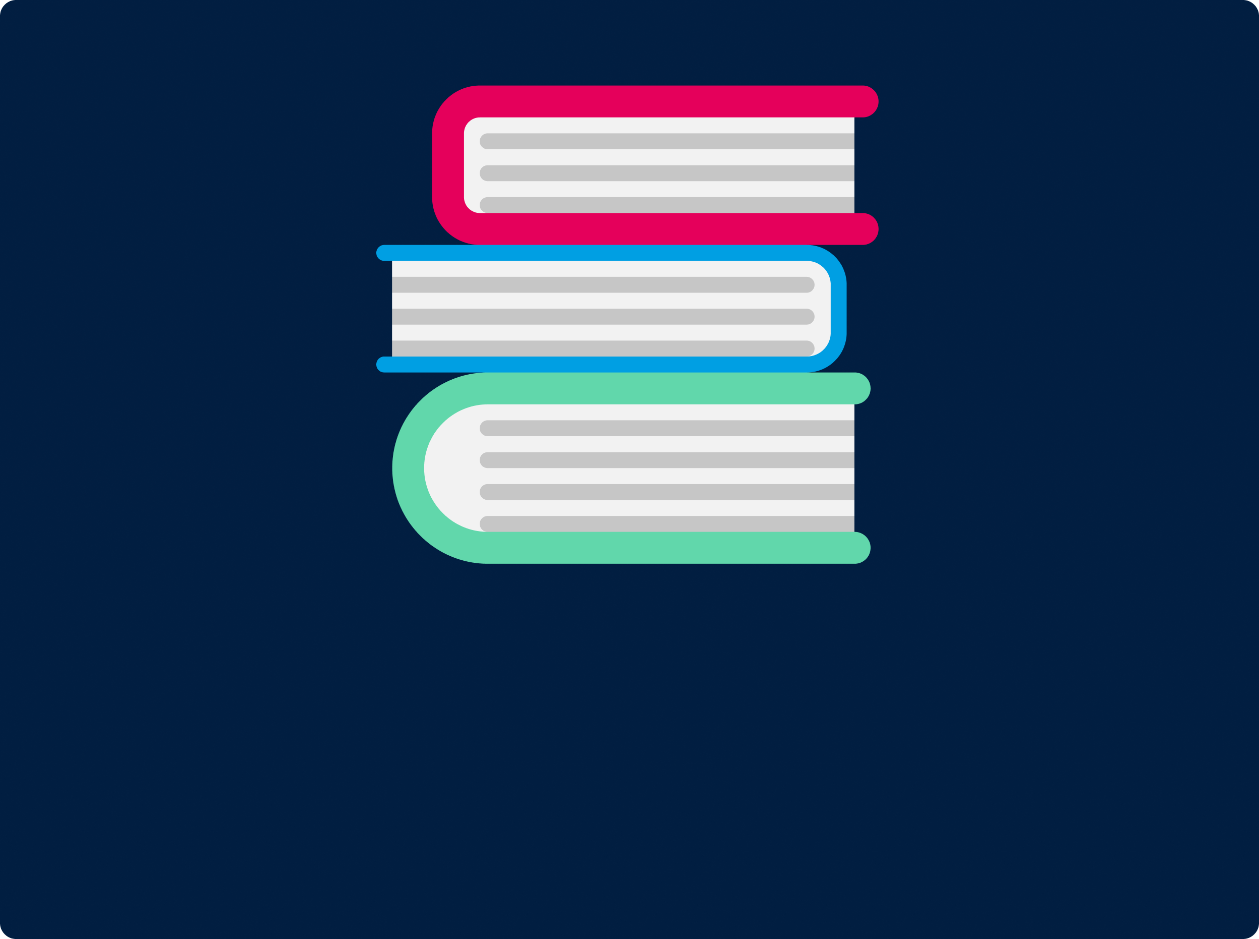 Three stylized books stacked on top of each other, featuring colorful spines in pink, blue, and green, set against a dark background.