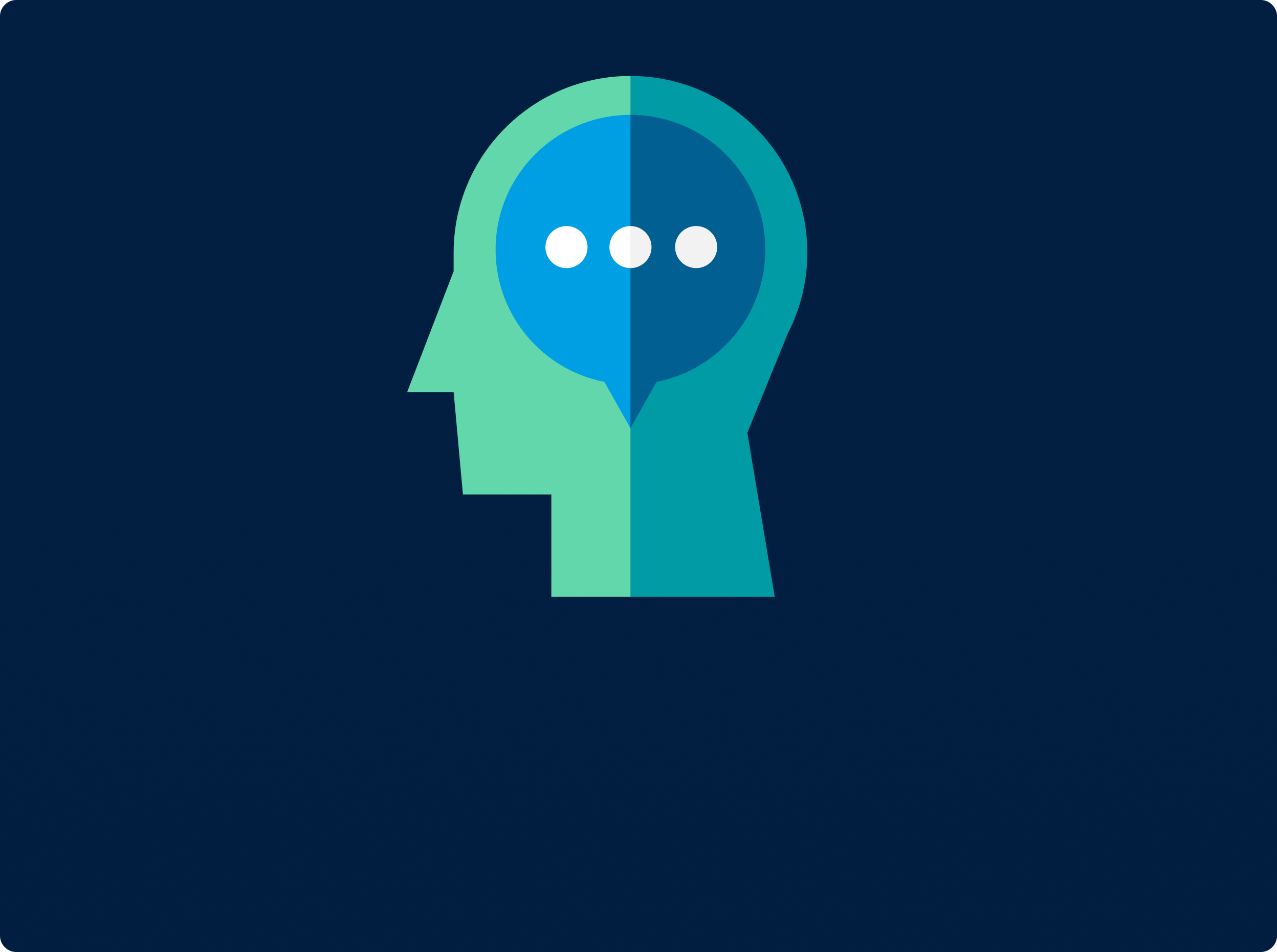 An abstract illustration of a human head silhouette in two colors, featuring a speech bubble with three dots inside, symbolizing communication or conversation. The background is a dark blue color.