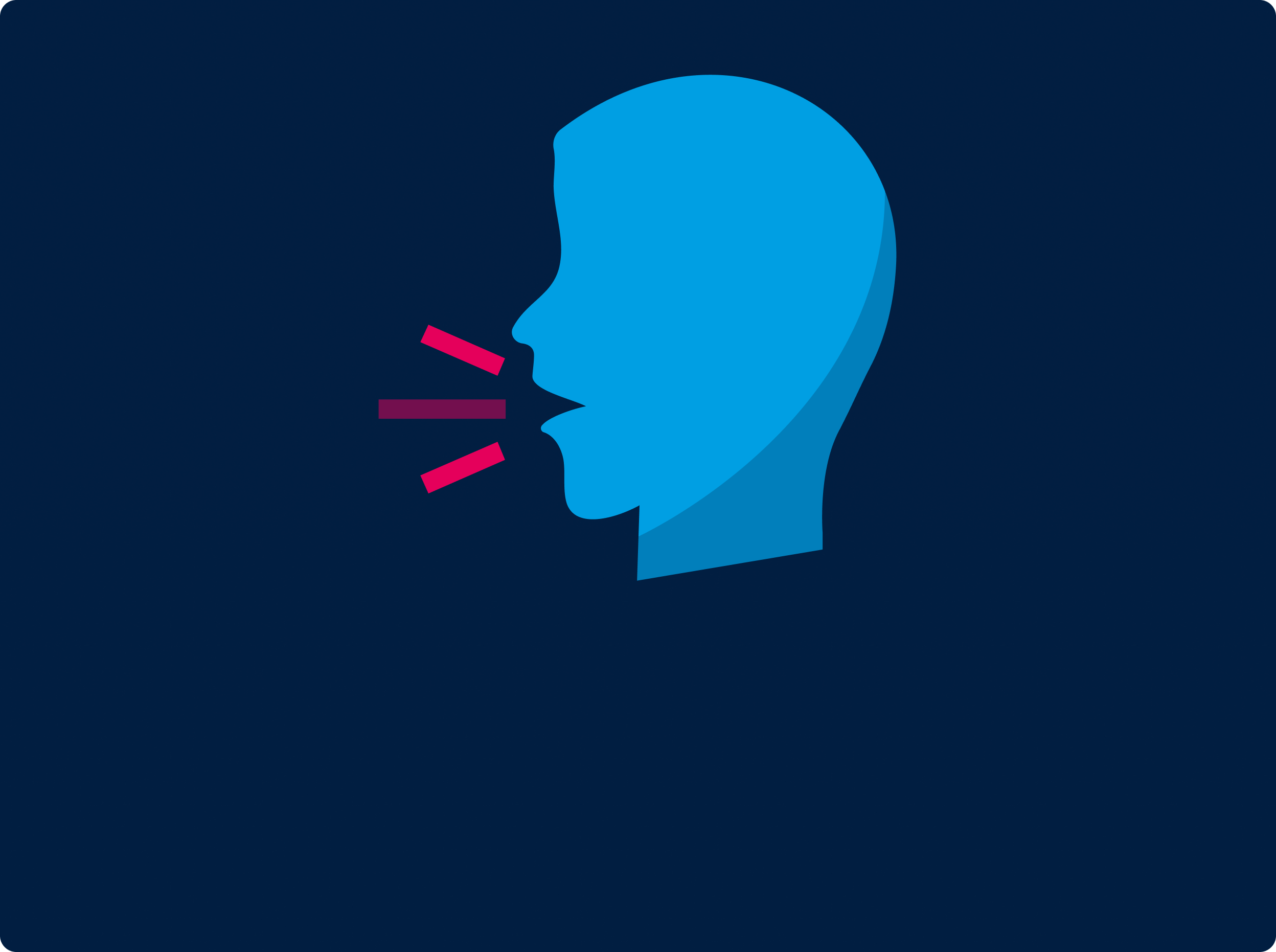 A simplified blue silhouette of a head in profile, with colored lines illustrating sound waves emanating from its mouth, set against a dark background.