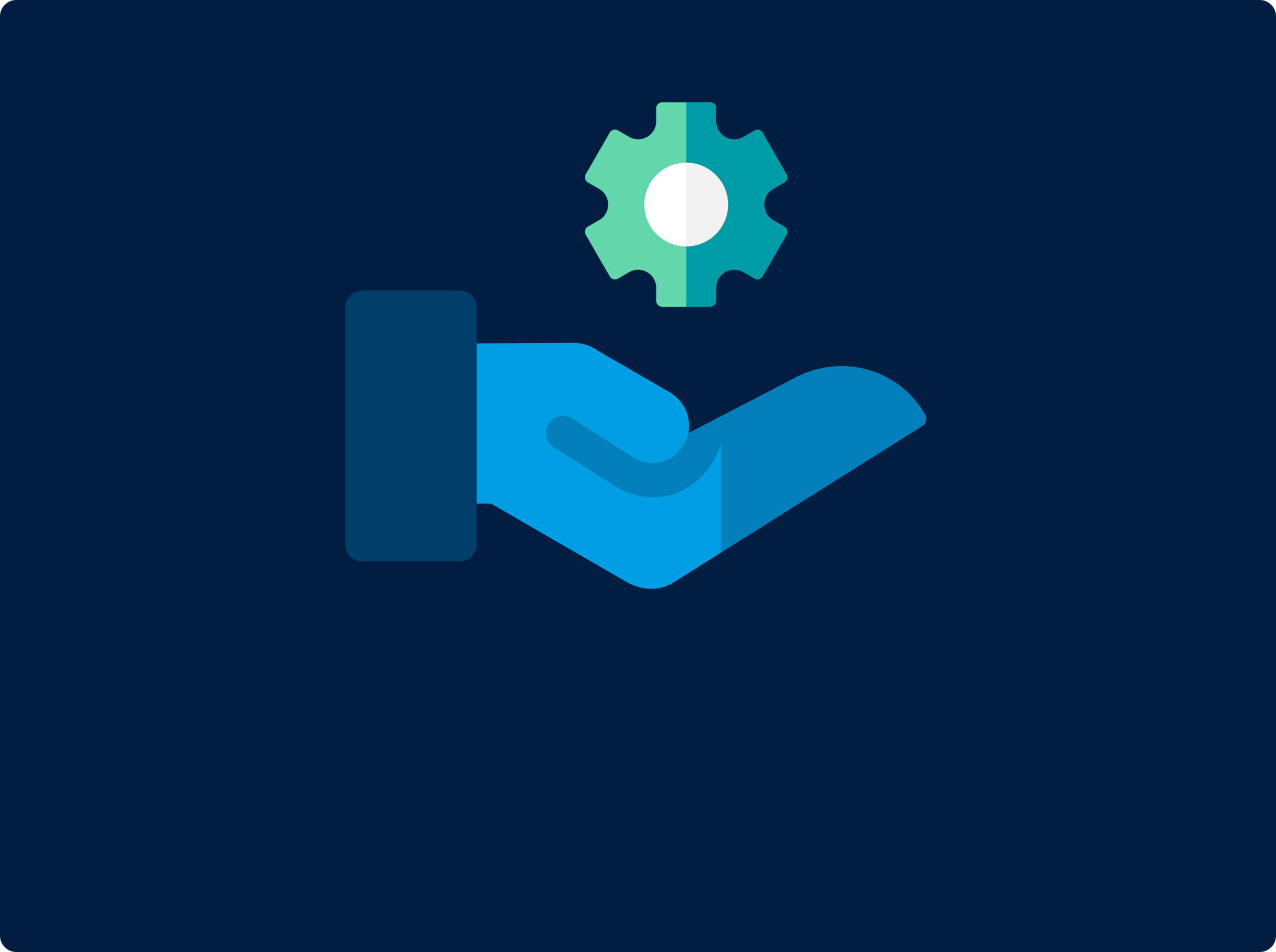 A blue hand is outstretched, holding a green and white gear symbol above it, set against a dark blue background. The image symbolizes support or assistance related to technology or services.