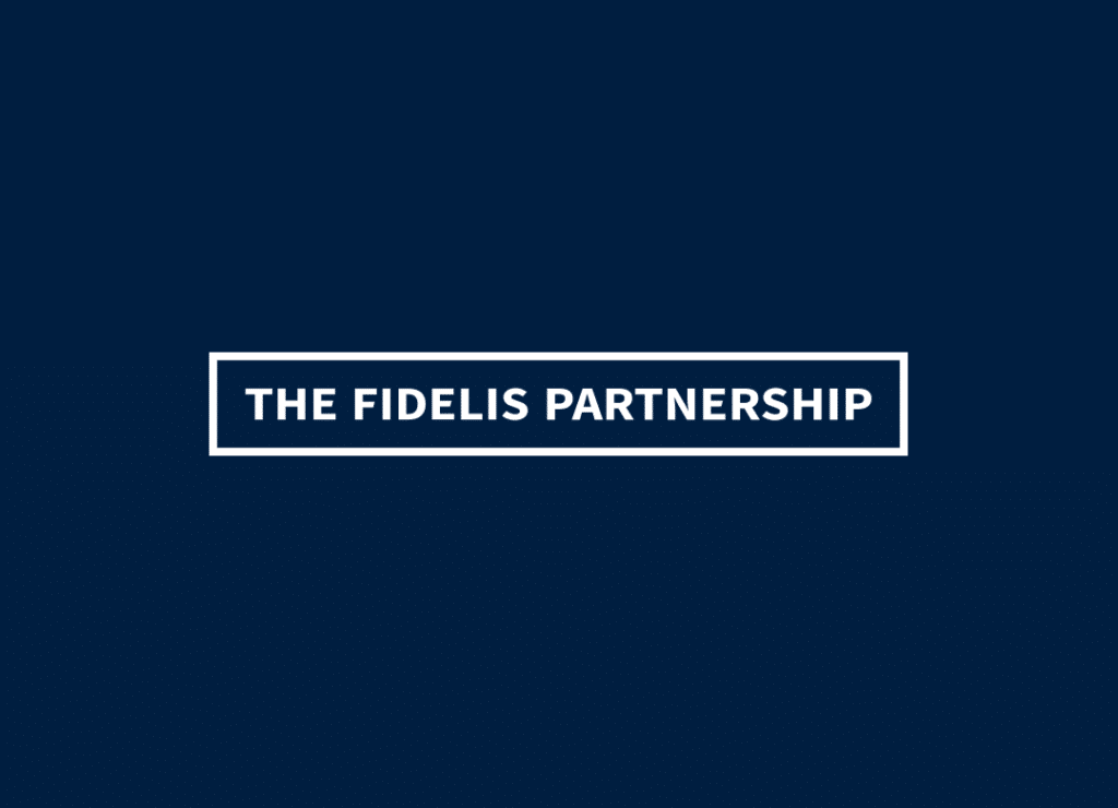 Navy background with white text stating "The Fidelis Partnership" enclosed in a rectangular border.
