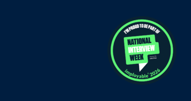Badge for National Interview Week 2026 on a dark blue background, featuring the phrase “I'm proud to be part of” with a green accent.